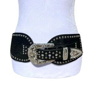 Vegan Leather Elastic Belt With Rhinestone Cross Angel Wings Studs 32"x4